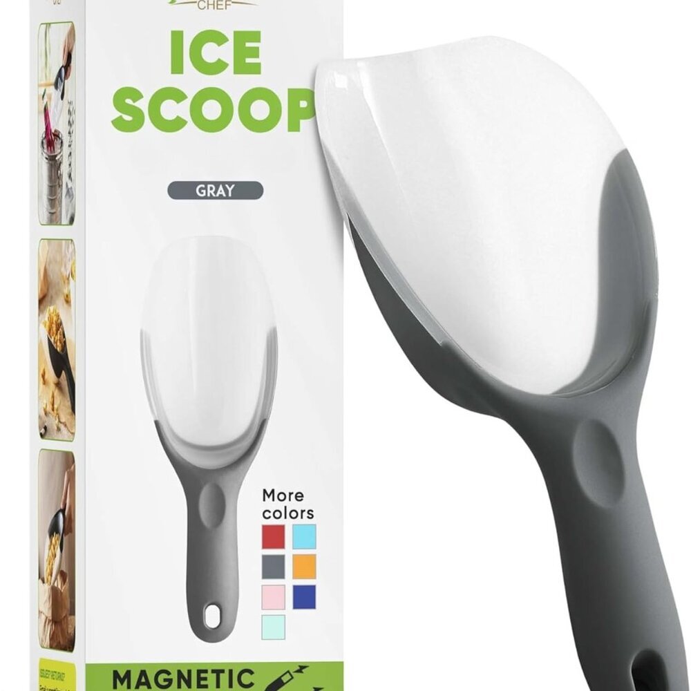Gray Magnetic Ice Scoop for Freezer - Contoured Translucent Flexi-Plastic Ice Sc